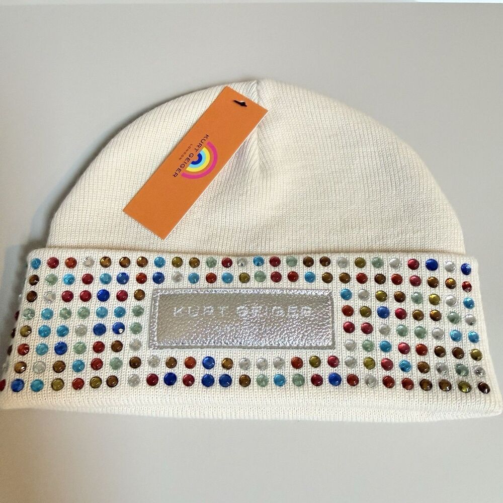 Kurt Geiger London Logo Crystal Cuff Beanie One Size Cream Multi Rhinestone NWT